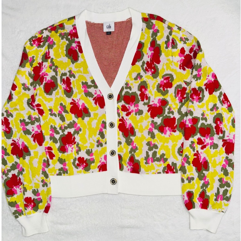 Cabi Women Small Floral Knit Cardigan V-Neck Button Front Yellow Red White Small